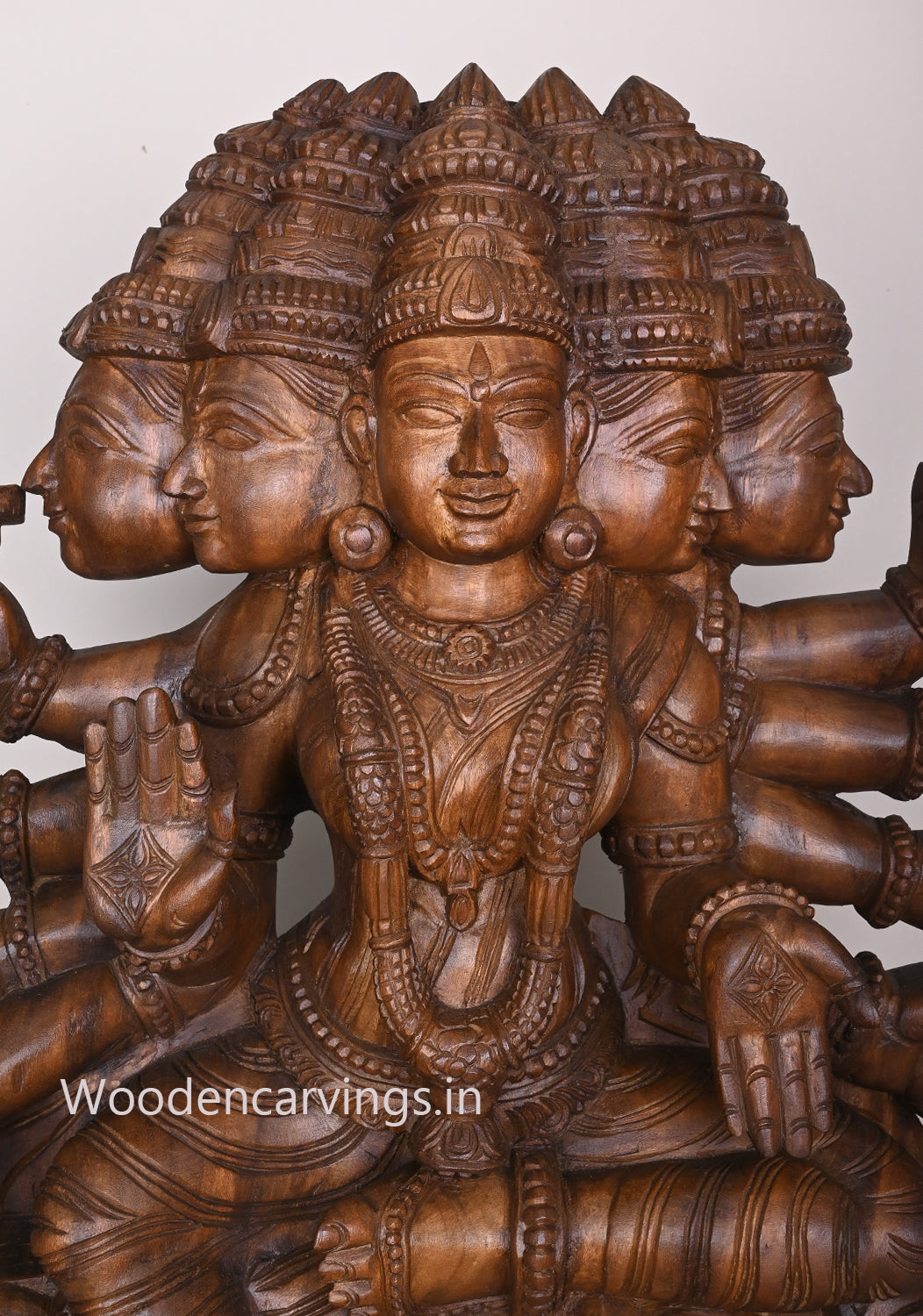 Wooden Panchamugha Gayathri Devi Having Ten Hands Blessing on Lotus Handcrafted Wooden Sculpture 36"