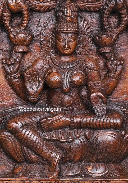 Elephants Upraised Trunk Wooden Frame Gaja Lakshmi Goddess With Sevagar Ladies Handcrafted Wall Panel 48"