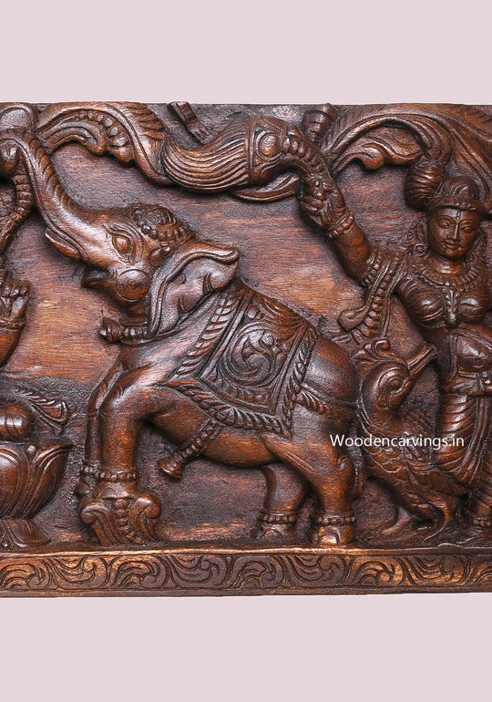 Elephants Upraised Trunk Wooden Frame Gaja Lakshmi Goddess With Sevagar Ladies Handcrafted Wall Panel 48"