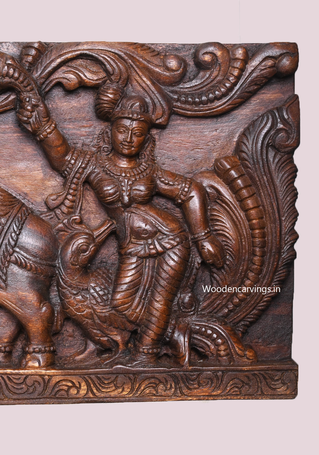 Elephants Upraised Trunk Wooden Frame Gaja Lakshmi Goddess With Sevagar Ladies Handcrafted Wall Panel 48"