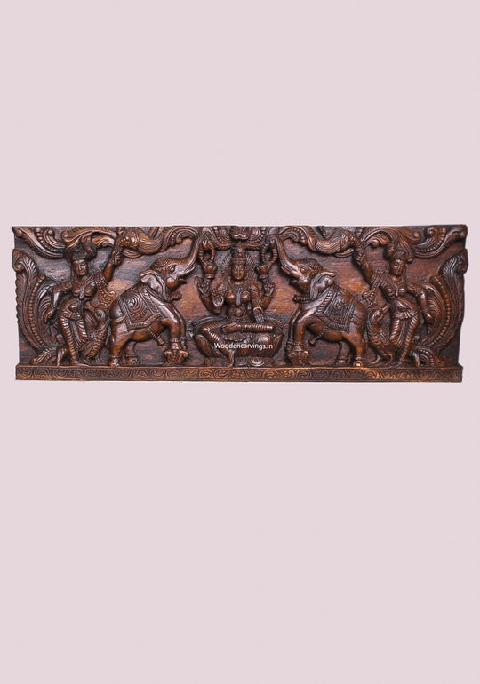 Elephants Upraised Trunk Wooden Frame Gaja Lakshmi Goddess With Sevagar Ladies Handcrafted Wall Panel 48"