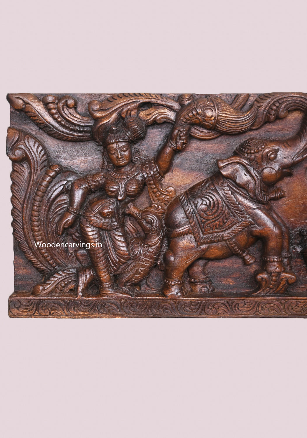 Elephants Upraised Trunk Wooden Frame Gaja Lakshmi Goddess With Sevagar Ladies Handcrafted Wall Panel 48"