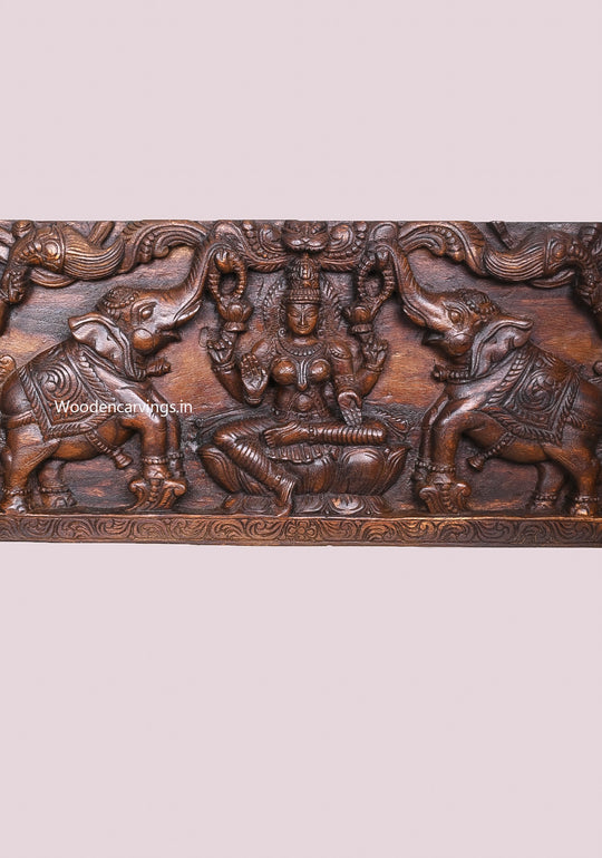 Elephants Upraised Trunk Wooden Frame Gaja Lakshmi Goddess With Sevagar Ladies Handcrafted Wall Panel 48"