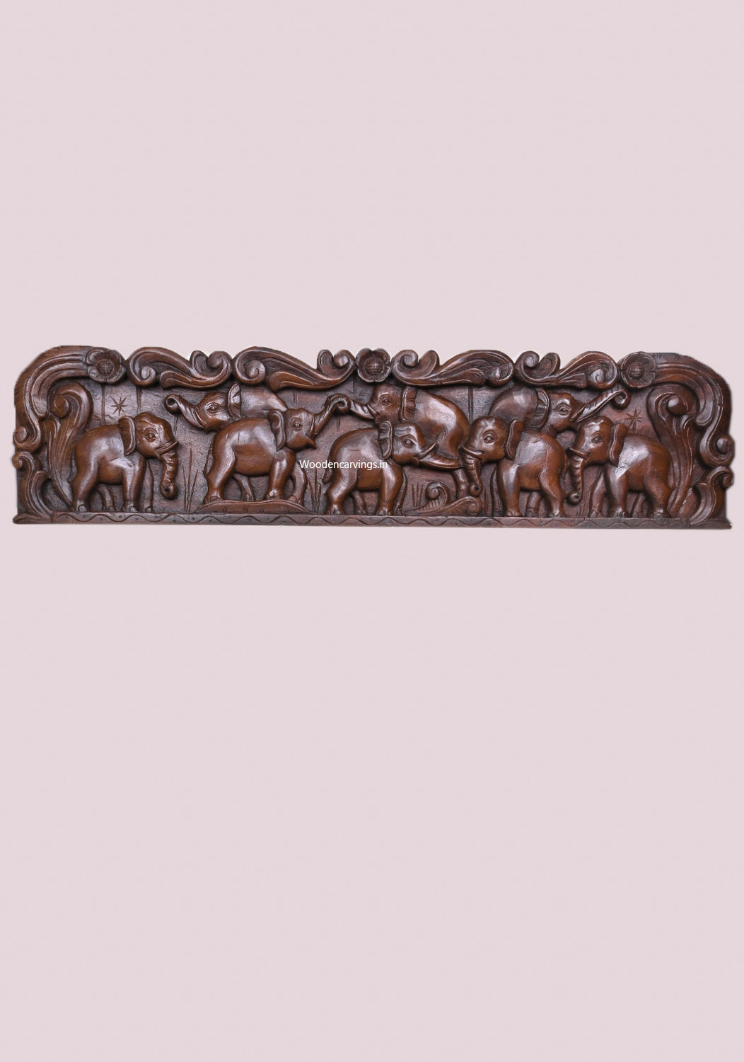 Dark Chocolate Colour Finishing Group of Elephants Handcrafted Wooden Wax Brown Wall Panel 47.5"