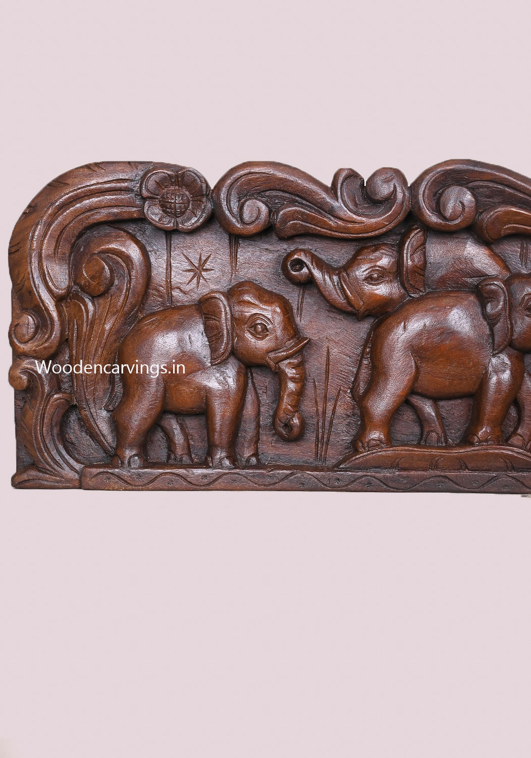 Dark Chocolate Colour Finishing Group of Elephants Handcrafted Wooden Wax Brown Wall Panel 47.5"