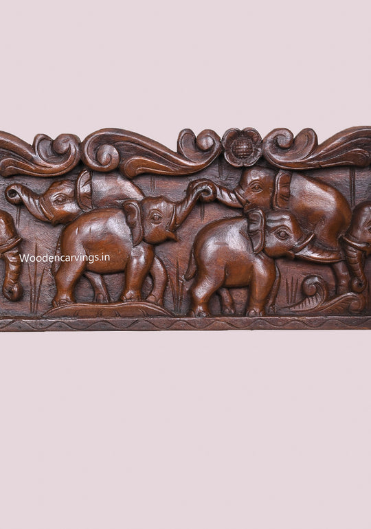 Dark Chocolate Colour Finishing Group of Elephants Handcrafted Wooden Wax Brown Wall Panel 47.5"