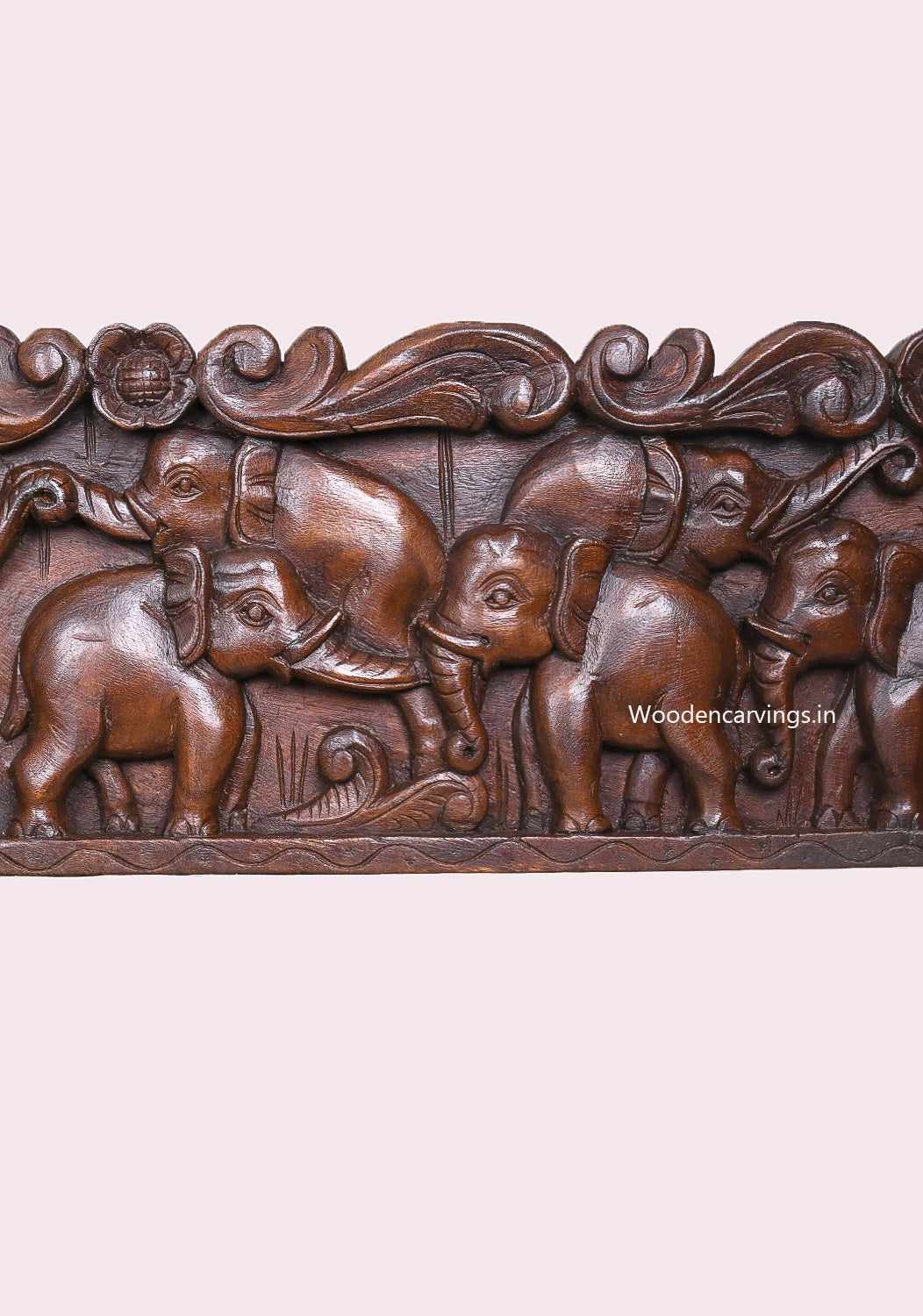 Dark Chocolate Colour Finishing Group of Elephants Handcrafted Wooden Wax Brown Wall Panel 47.5"