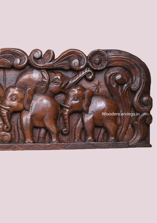 Dark Chocolate Colour Finishing Group of Elephants Handcrafted Wooden Wax Brown Wall Panel 47.5"