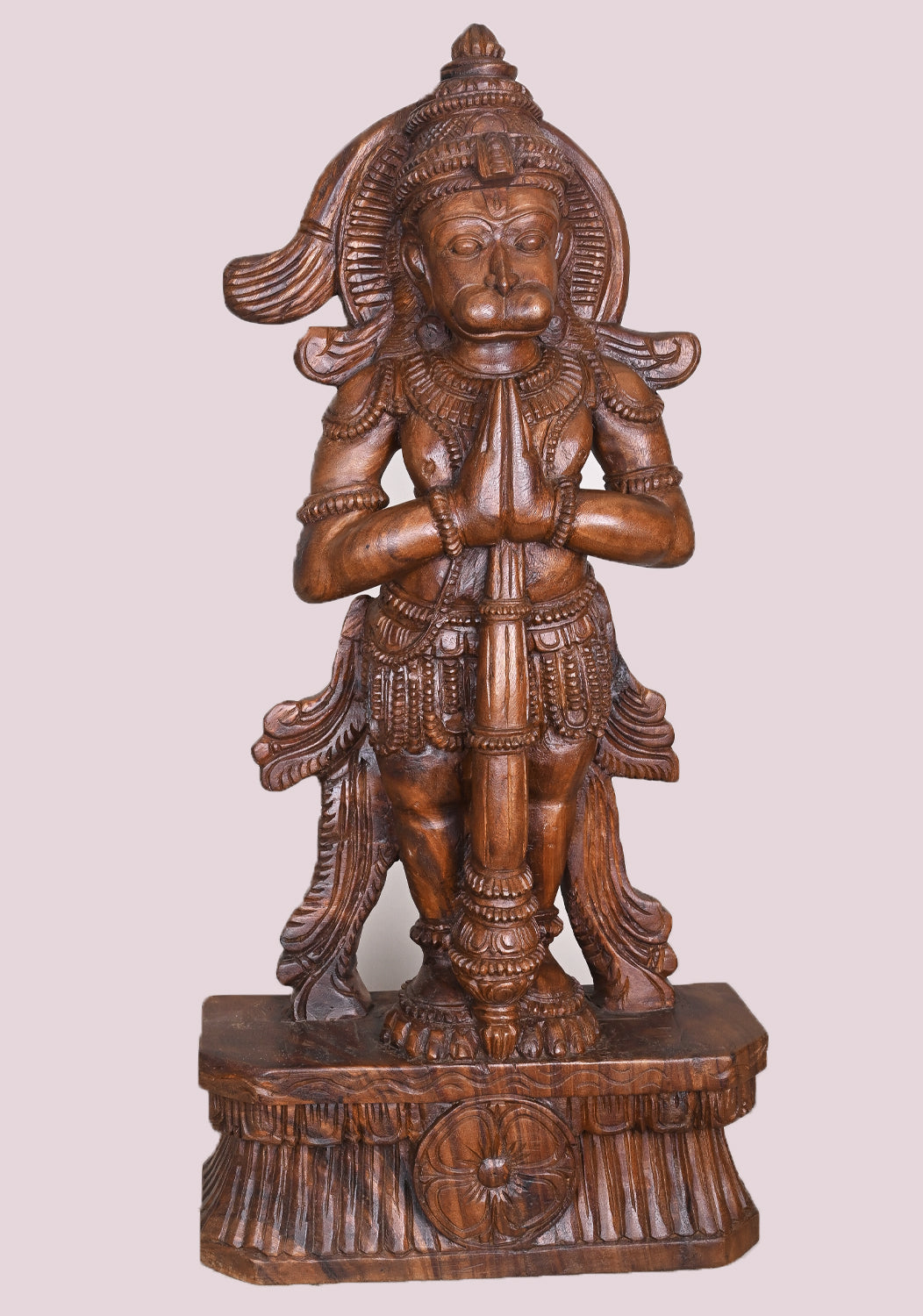 Standing Namasthe Hanuman Holding Ayutha Gada On Base Fine Quality Wooden Sculpture 38"