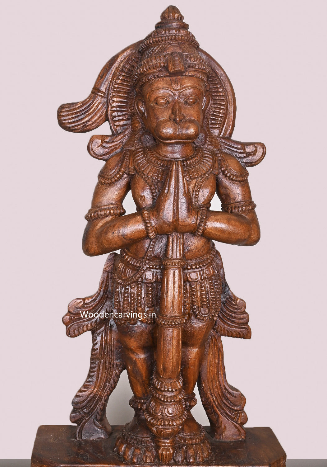 Standing Namasthe Hanuman Holding Ayutha Gada On Base Fine Quality Wooden Sculpture 38"