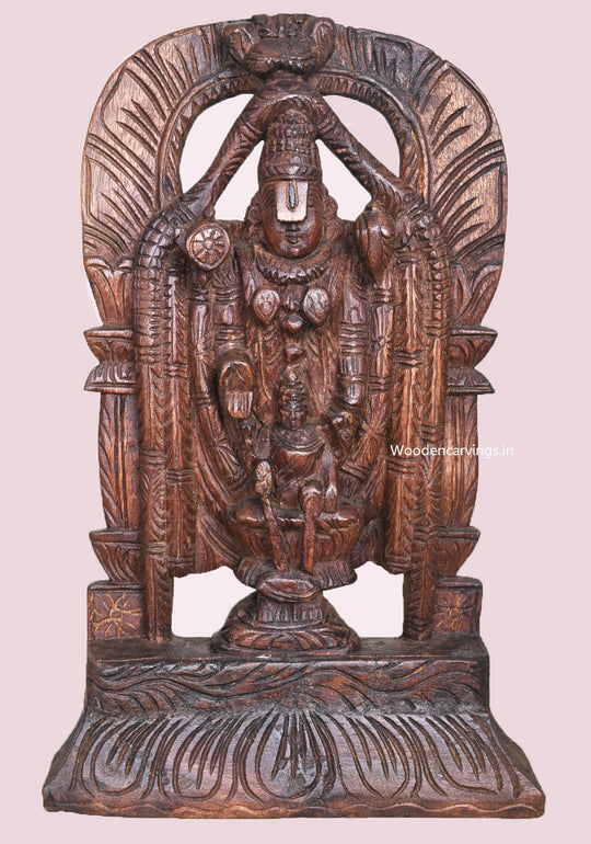 Wooden Tirupathi Balaji Arch Standing Light Weight Sculpture With Goddess Lakshmi Wall Mount 15"