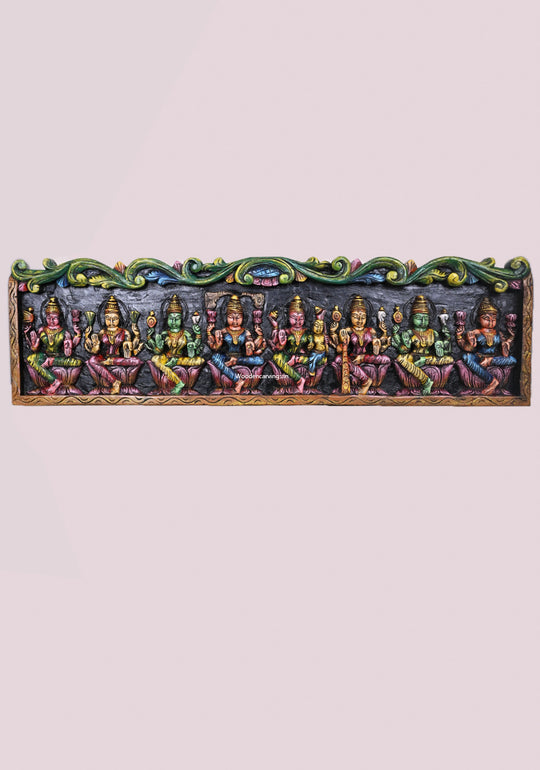 Eight Auspicous Asta Lakshmi on Lotus Floral Design Multicoloured Wooden Hooks Fixed Wall Panel 42"