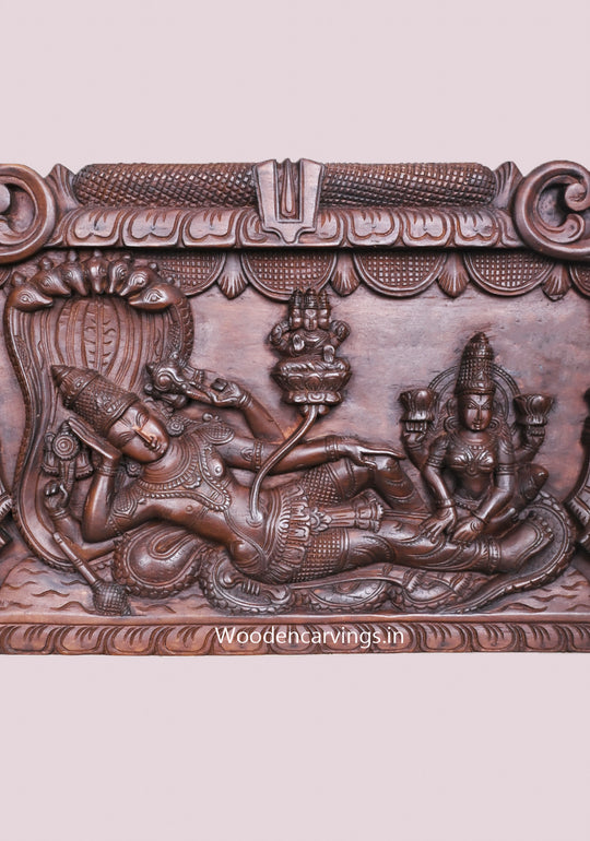 Narayanar Shri Lakshmi Padmanabar Reclining on Adisesha With Thirunamam Horizontal Wooden Panel 48"