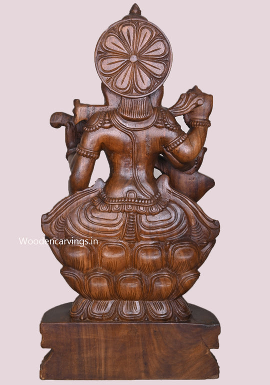 Idol Of Abundance Goddess Saraswathy Seated On Lotus With Veena Wax Brown Finishing Sculpture 36"