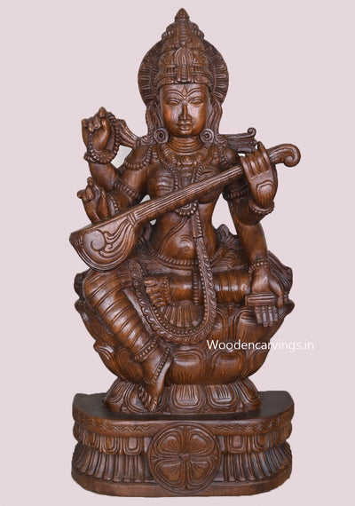 Idol Of Abundance Goddess Saraswathy Seated On Lotus With Veena Wax Brown Finishing Sculpture 36"