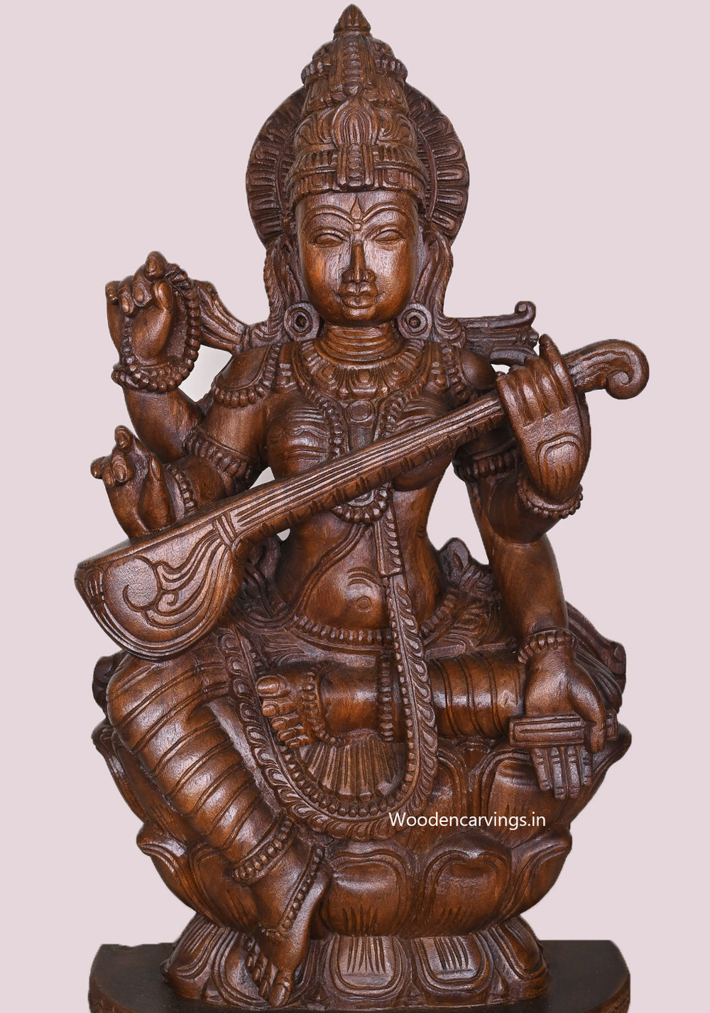 Idol Of Abundance Goddess Saraswathy Seated On Lotus With Veena Wax Brown Finishing Sculpture 36"