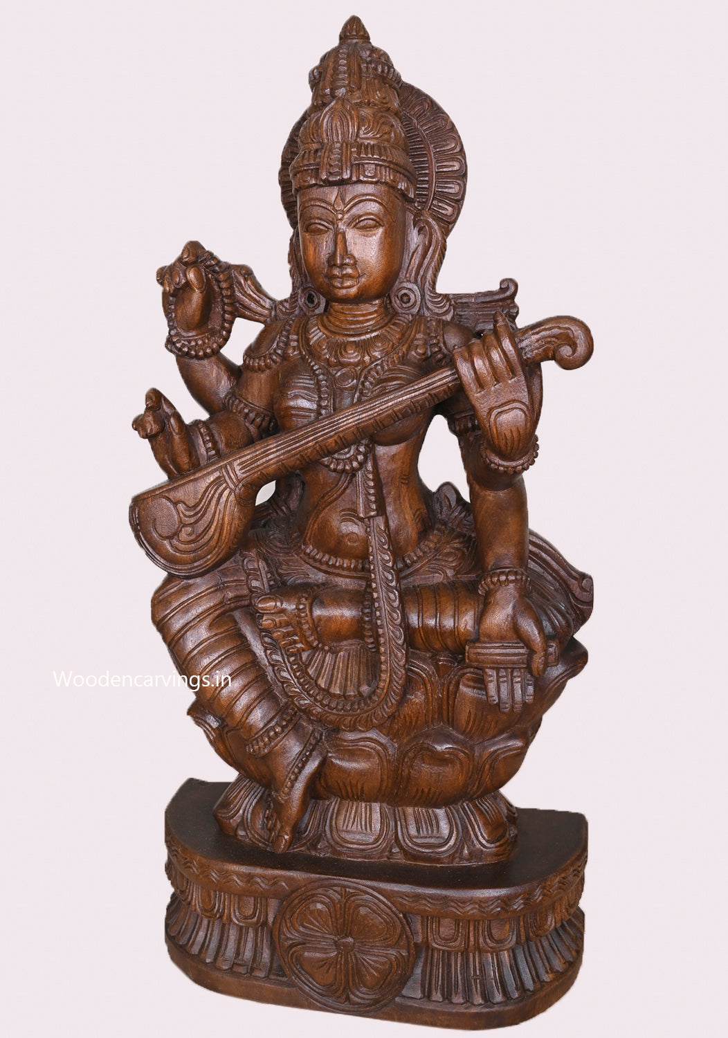 Idol Of Abundance Goddess Saraswathy Seated On Lotus With Veena Wax Brown Finishing Sculpture 36"