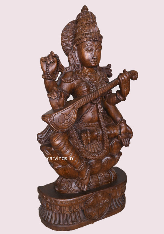 Idol Of Abundance Goddess Saraswathy Seated On Lotus With Veena Wax Brown Finishing Sculpture 36"