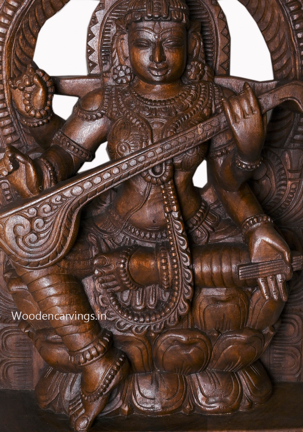 Shree Maha Saraswathi Seated On Double Petal Kamalam With Prabahavali Wooden Handmade Sculpture 35.5"