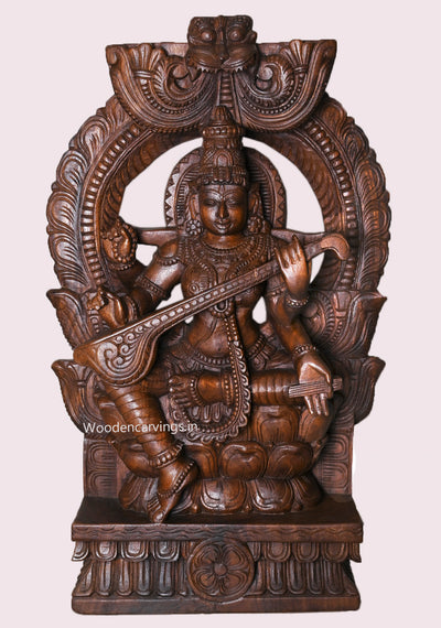 Shree Maha Saraswathi Seated On Double Petal Kamalam With Prabahavali Wooden Handmade Sculpture 35.5"