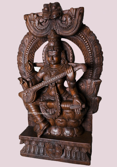 Shree Maha Saraswathi Seated On Double Petal Kamalam With Prabahavali Wooden Handmade Sculpture 35.5"