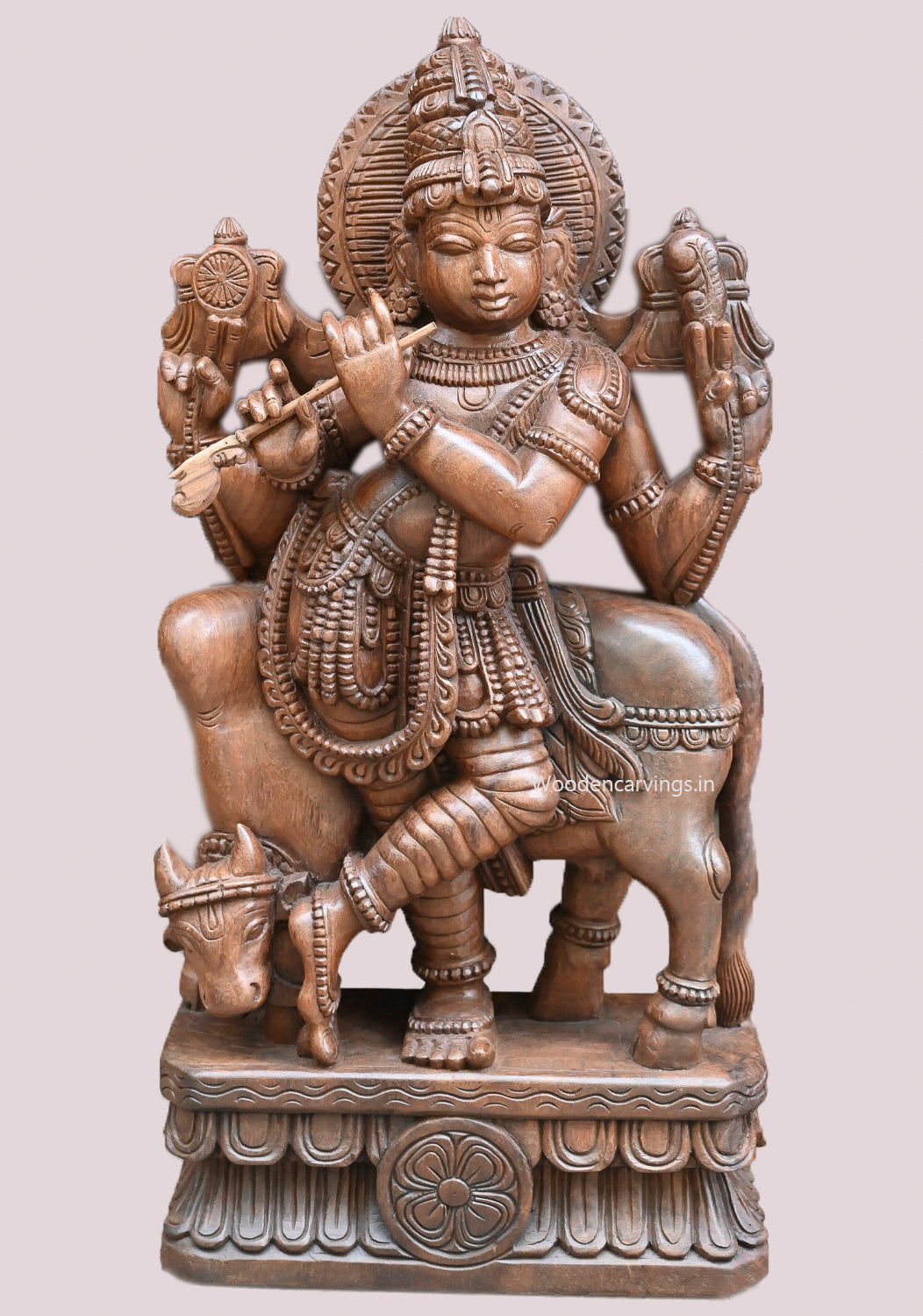 Fluting Bhagawan Shri Gopal Krishna Standing With Matha Cow Handcrafted Wooden Home Decor Sculpture 36"