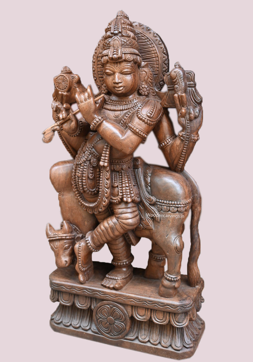 Fluting Bhagawan Shri Gopal Krishna Standing With Matha Cow Handcrafted Wooden Home Decor Sculpture 36"