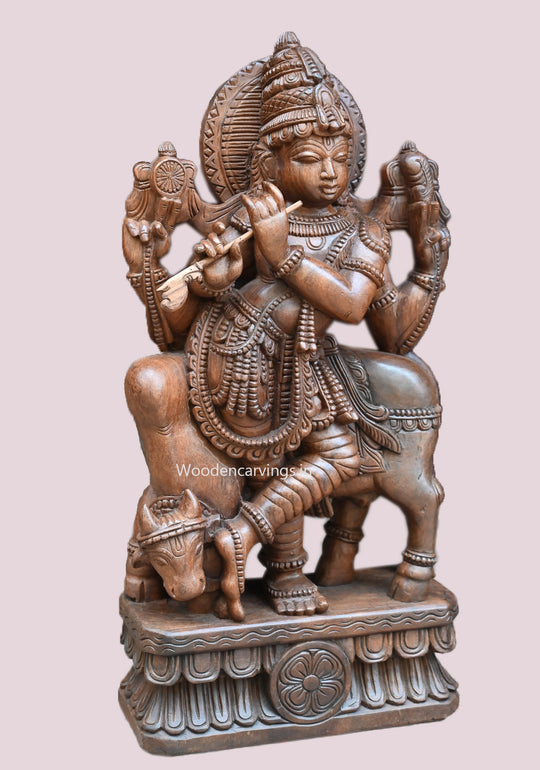 Fluting Bhagawan Shri Gopal Krishna Standing With Matha Cow Handcrafted Wooden Home Decor Sculpture 36"