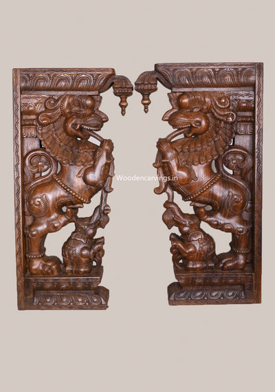 Dome Fixed Wooden Paired Ancient Yaazhi With Upraised Elephants Fine Quality Wood Wax Brown Brackets 36"