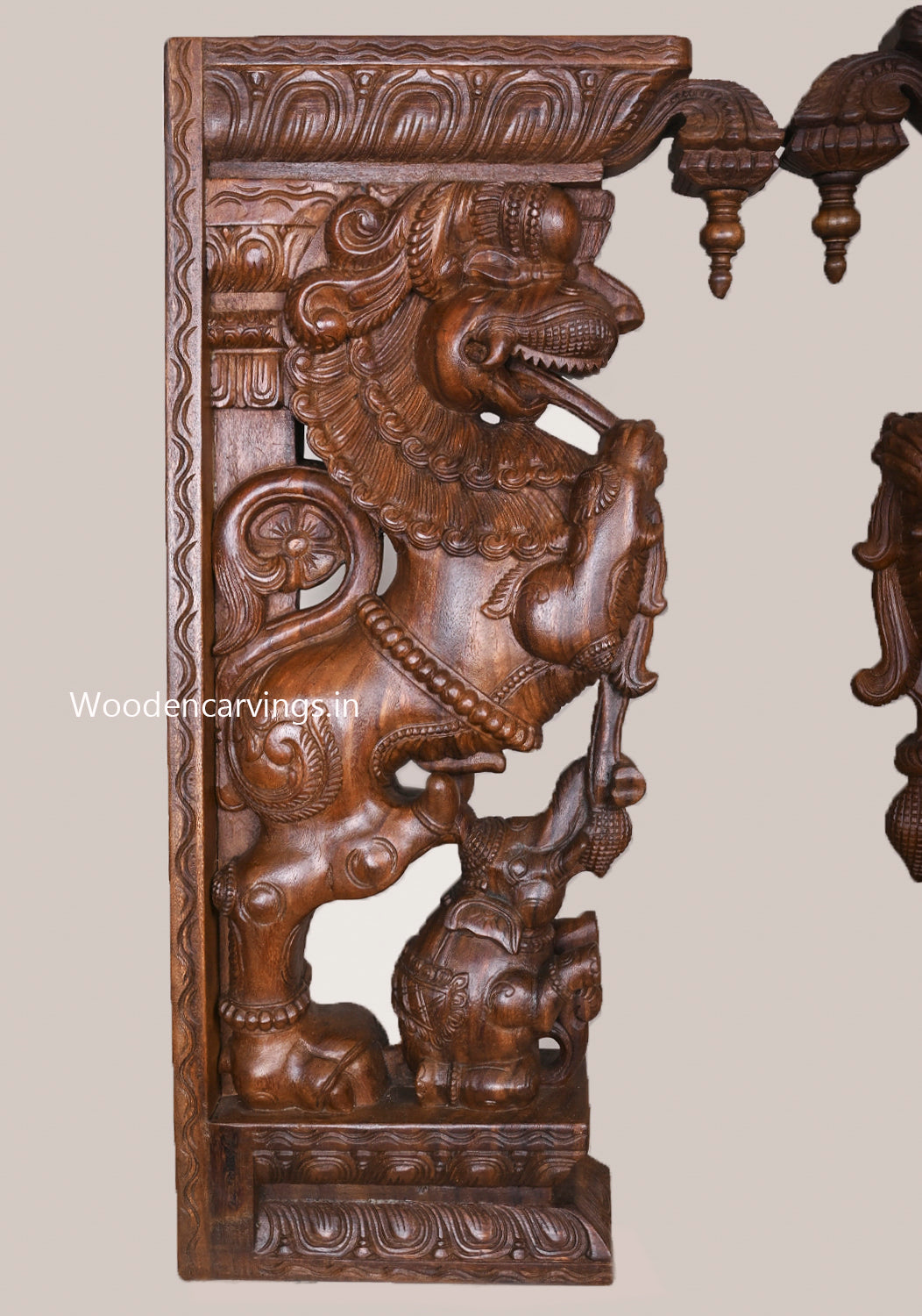 Dome Fixed Wooden Paired Ancient Yaazhi With Upraised Elephants Fine Quality Wood Wax Brown Brackets 36"