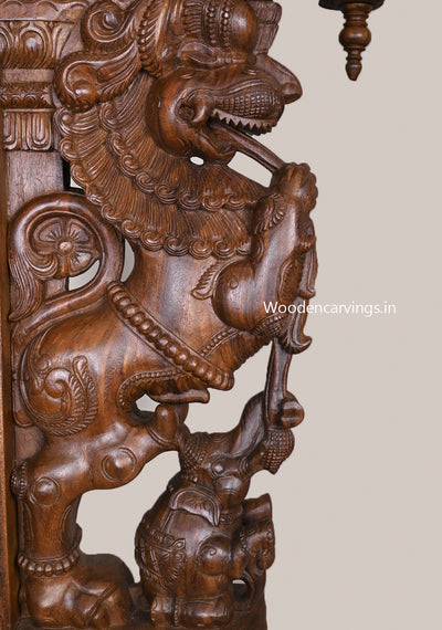 Dome Fixed Wooden Paired Ancient Yaazhi With Upraised Elephants Fine Quality Wood Wax Brown Brackets 36"