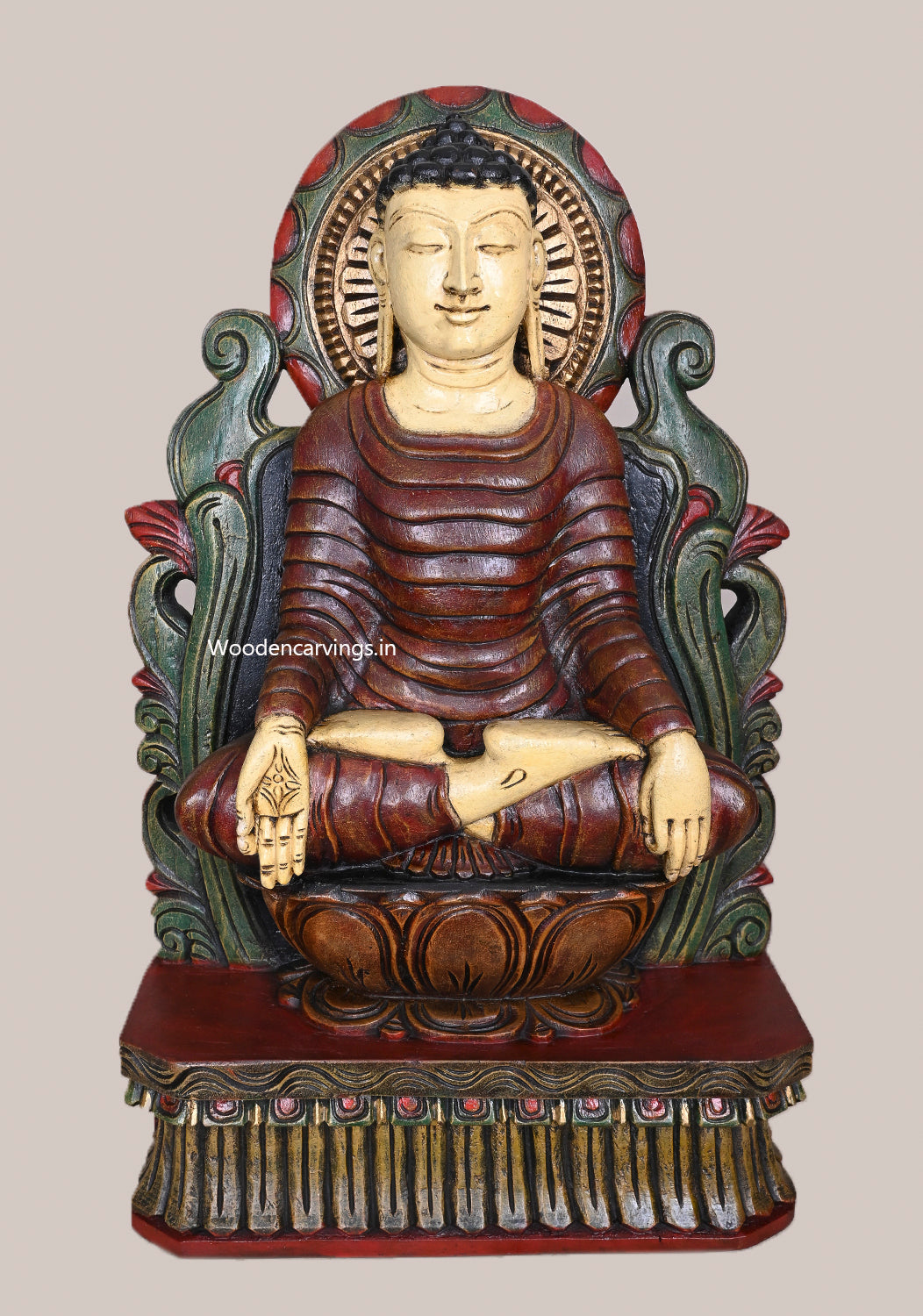 Bhumisparsha Mudra of Lord Buddha On Brown Lotus Ancient Look Beautiful Handcrafted Wooden Sculpture 24"