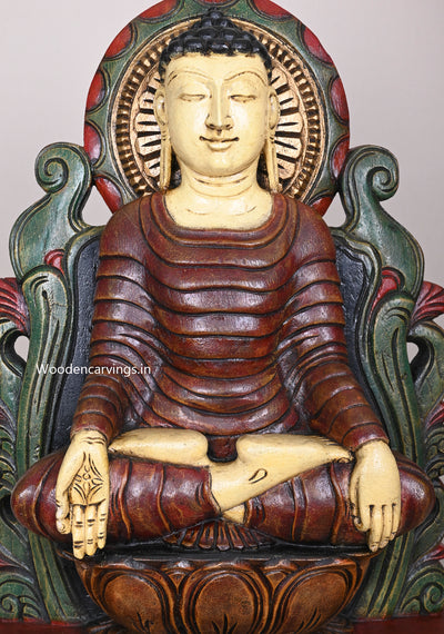 Bhumisparsha Mudra of Lord Buddha On Brown Lotus Ancient Look Beautiful Handcrafted Wooden Sculpture 24"