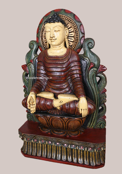 Bhumisparsha Mudra of Lord Buddha On Brown Lotus Ancient Look Beautiful Handcrafted Wooden Sculpture 24"