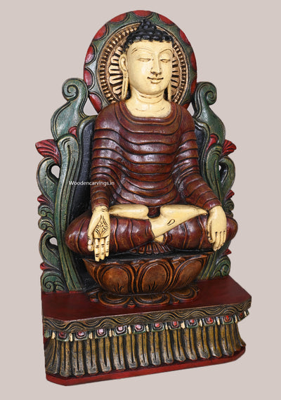 Bhumisparsha Mudra of Lord Buddha On Brown Lotus Ancient Look Beautiful Handcrafted Wooden Sculpture 24"