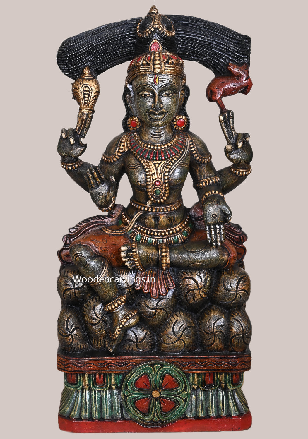 Lord Mahadev Seated on Stones Dark Green Finishing Handcrafted Wooden Pooja Room Decorative Sculpture 25.5"