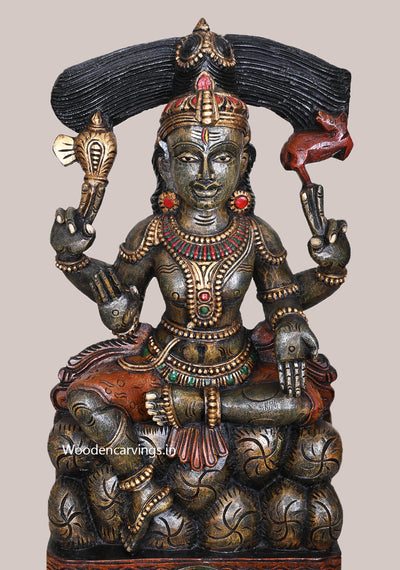 Lord Mahadev Seated on Stones Dark Green Finishing Handcrafted Wooden Pooja Room Decorative Sculpture 25.5"