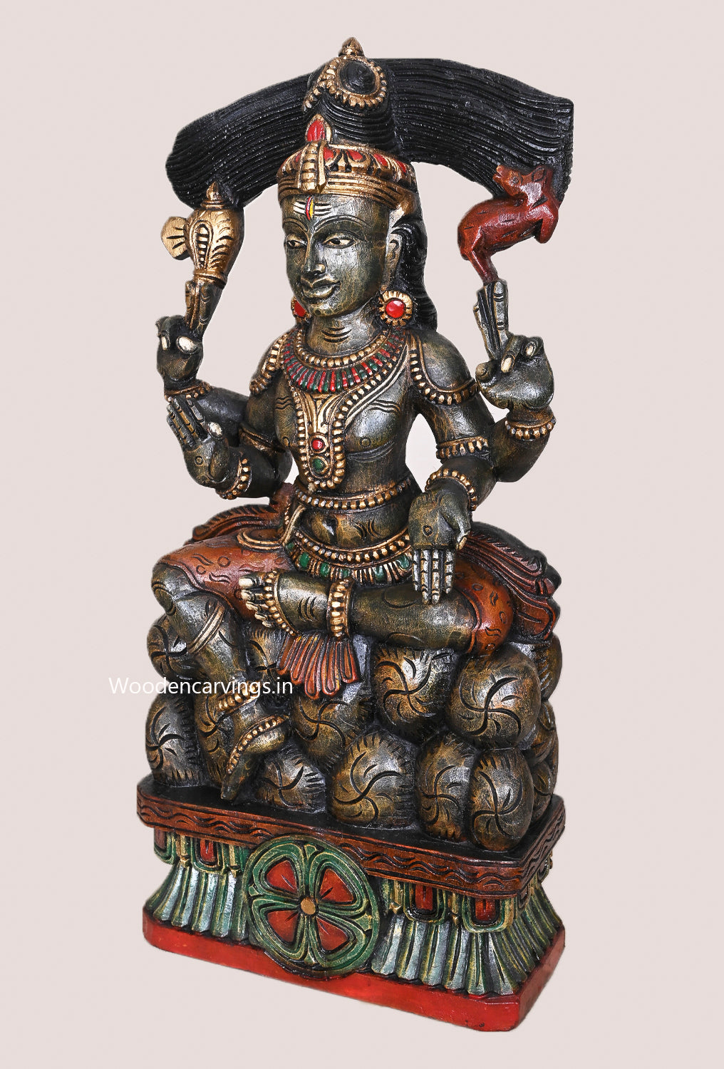 Lord Mahadev Seated on Stones Dark Green Finishing Handcrafted Wooden Pooja Room Decorative Sculpture 25.5"