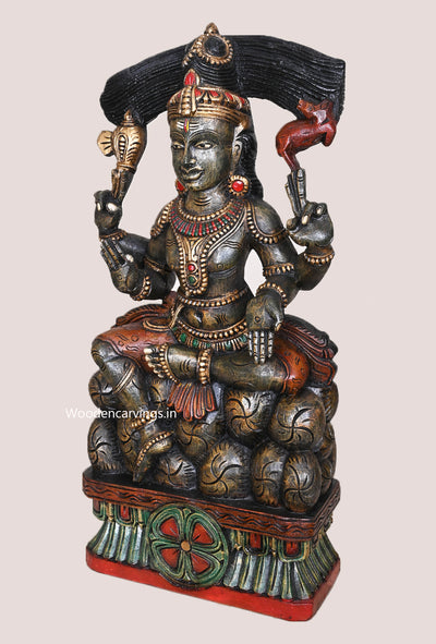 Lord Mahadev Seated on Stones Dark Green Finishing Handcrafted Wooden Pooja Room Decorative Sculpture 25.5"