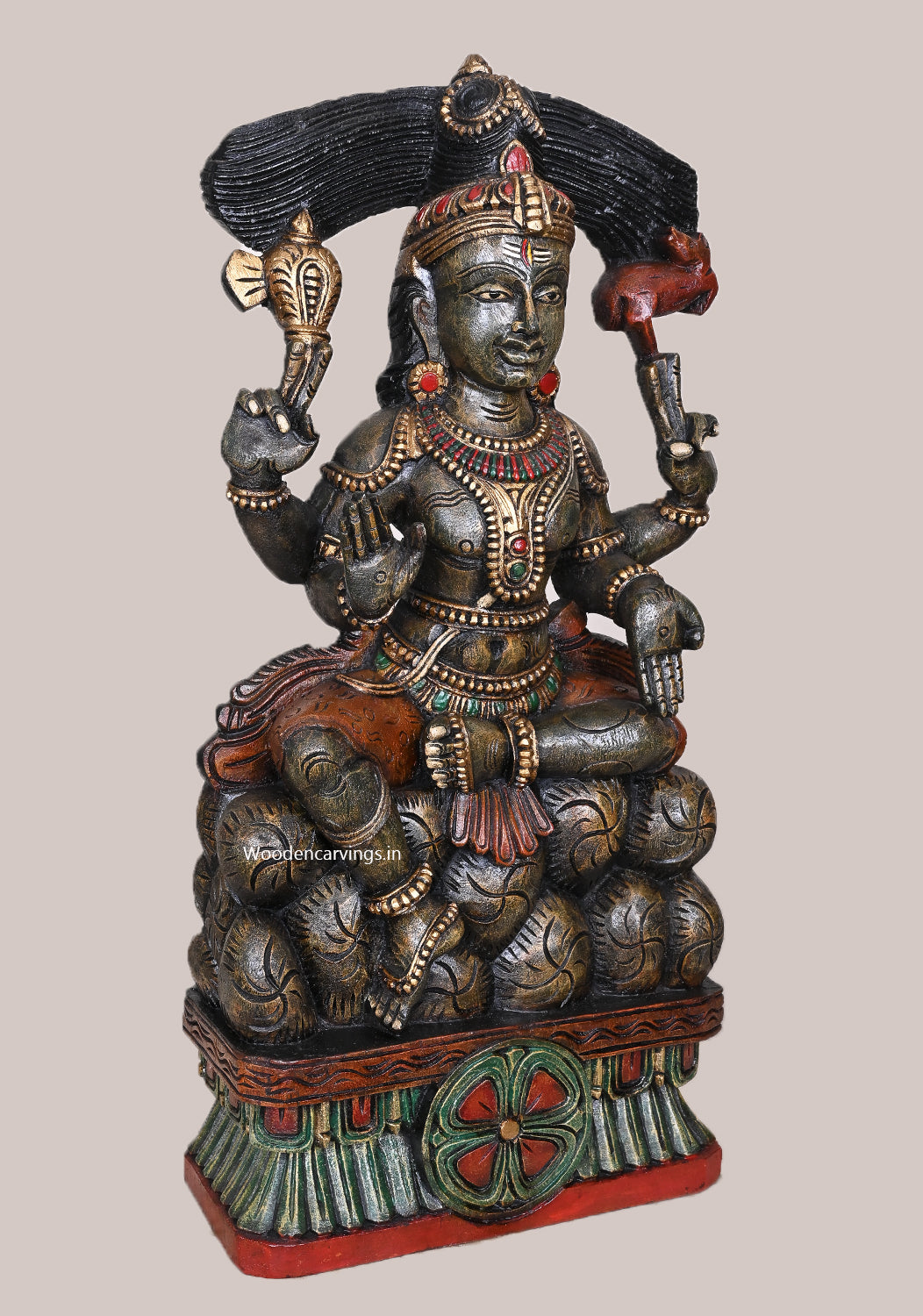 Lord Mahadev Seated on Stones Dark Green Finishing Handcrafted Wooden Pooja Room Decorative Sculpture 25.5"