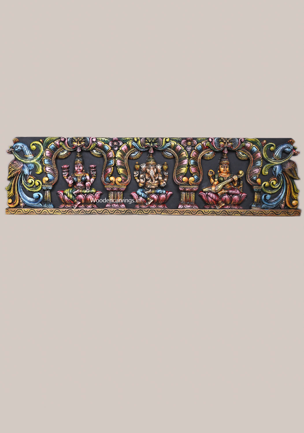 Arch Kirthi Mukh Petal Design Lord Ganesh With Goddess Lakshmi and Saraswathi With Blue Peacock Horizontal Panel 45"