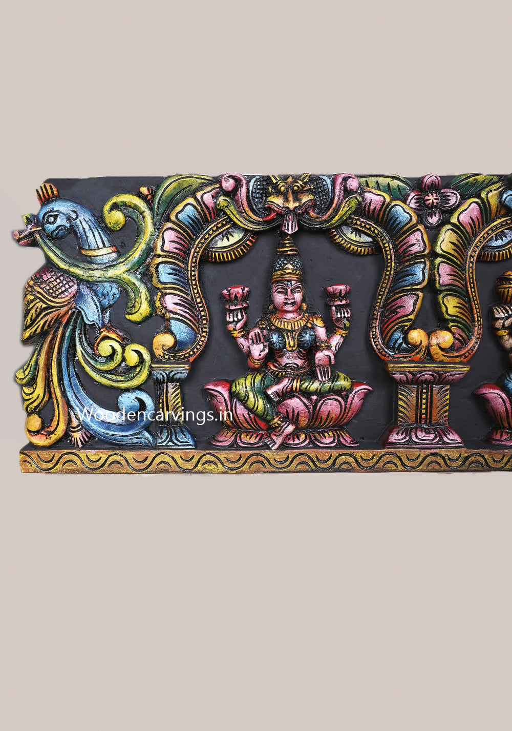 Arch Kirthi Mukh Petal Design Lord Ganesh With Goddess Lakshmi and Saraswathi With Blue Peacock Horizontal Panel 45"