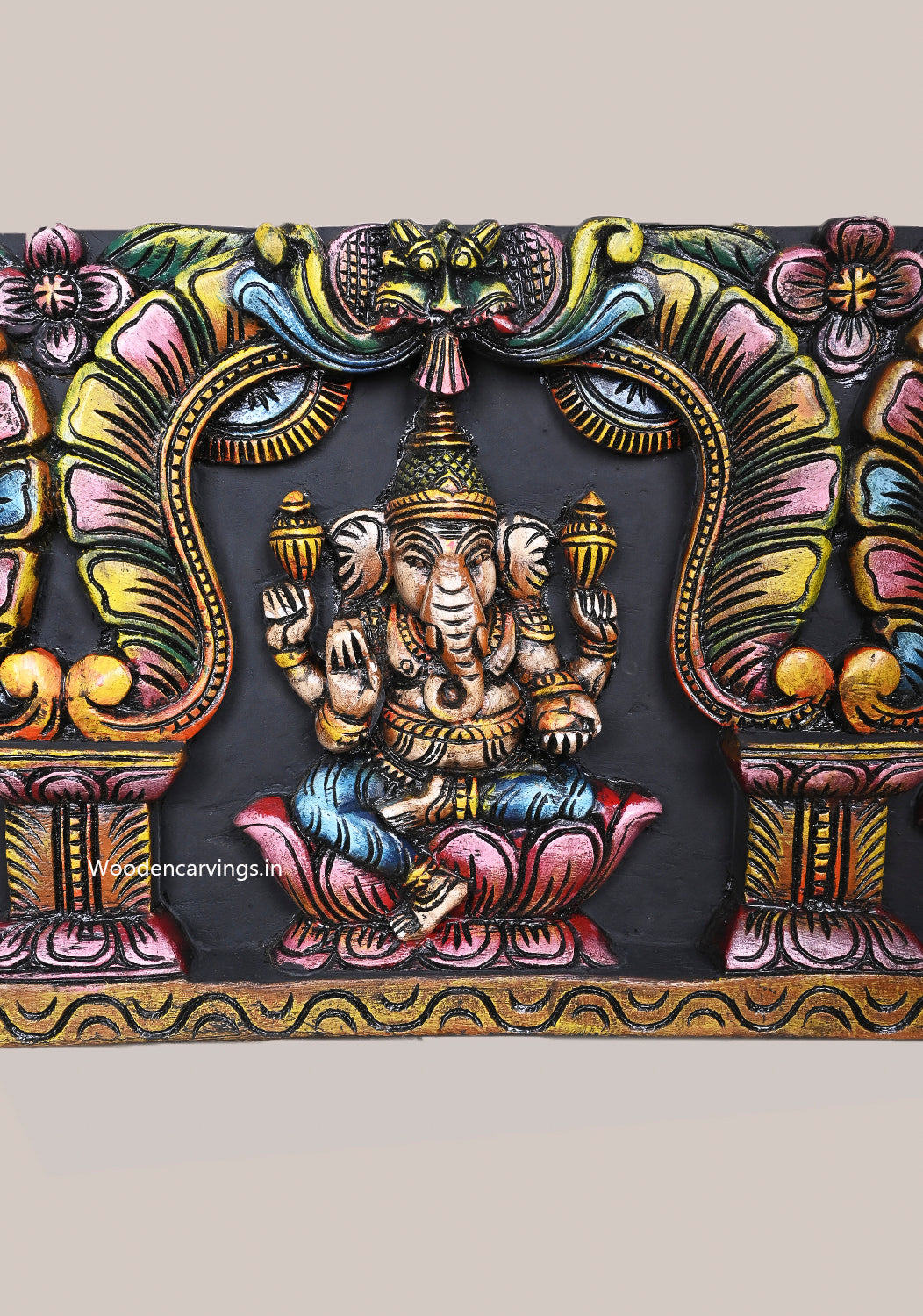 Arch Kirthi Mukh Petal Design Lord Ganesh With Goddess Lakshmi and Saraswathi With Blue Peacock Horizontal Panel 45"