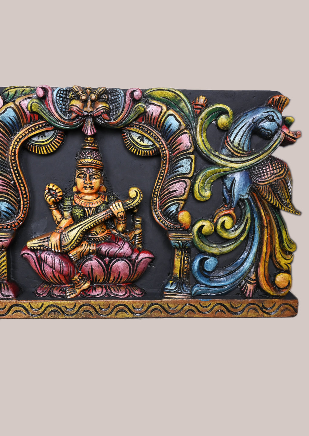 Arch Kirthi Mukh Petal Design Lord Ganesh With Goddess Lakshmi and Saraswathi With Blue Peacock Horizontal Panel 45"