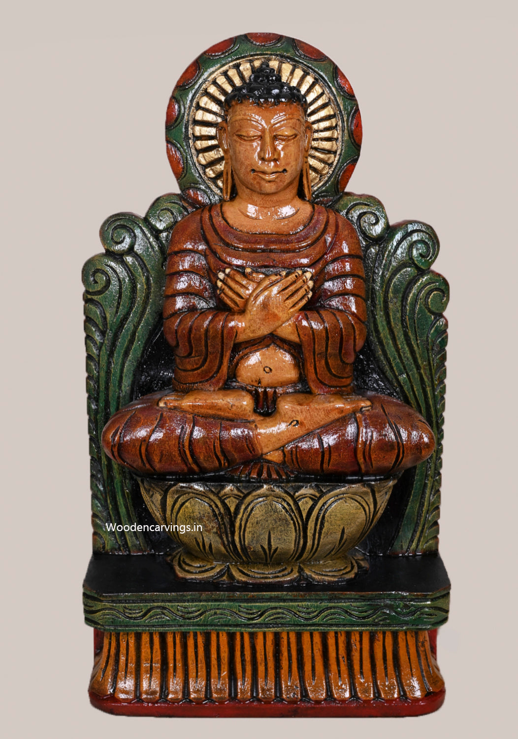 Brown Finishing Coloured Lord Buddha on Lotus Wooden Handcrafted Light Weight Hooks Fixed Sculpture 18"