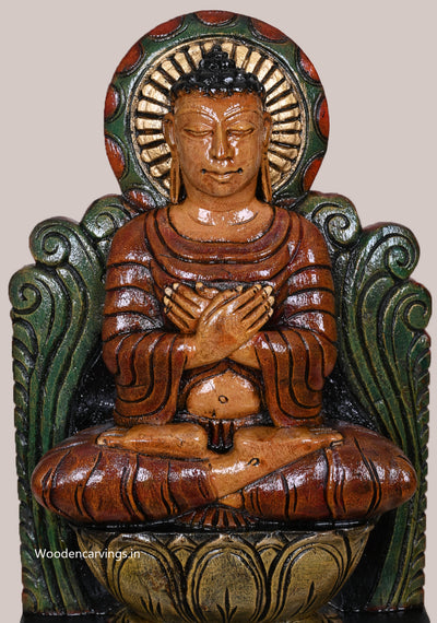 Brown Finishing Coloured Lord Buddha on Lotus Wooden Handcrafted Light Weight Hooks Fixed Sculpture 18"