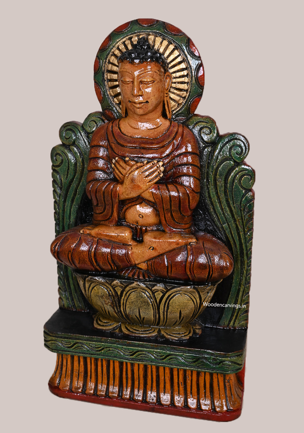 Brown Finishing Coloured Lord Buddha on Lotus Wooden Handcrafted Light Weight Hooks Fixed Sculpture 18"