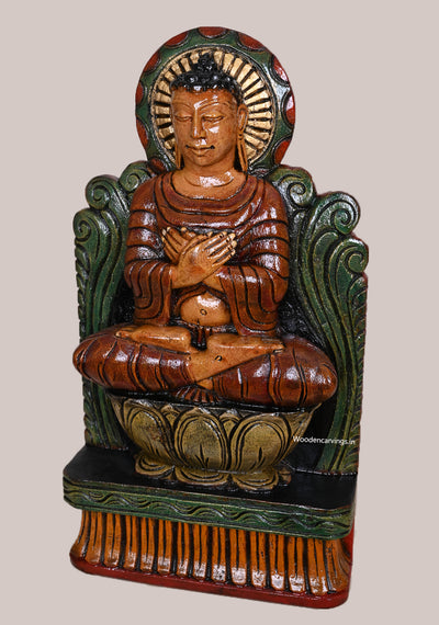 Brown Finishing Coloured Lord Buddha on Lotus Wooden Handcrafted Light Weight Hooks Fixed Sculpture 18"