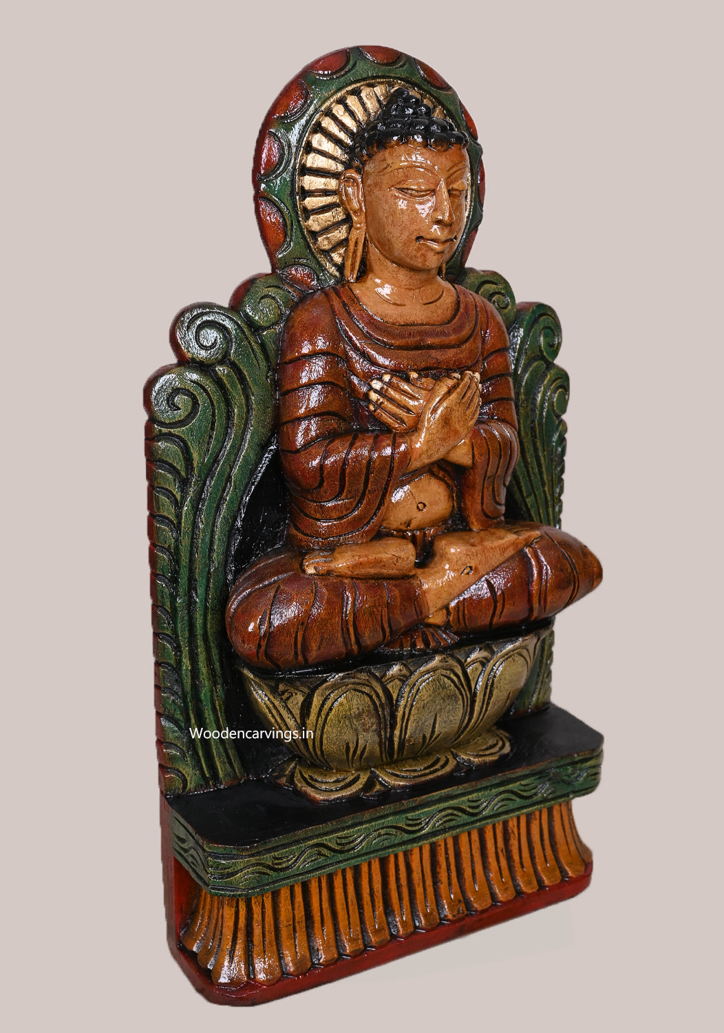 Brown Finishing Coloured Lord Buddha on Lotus Wooden Handcrafted Light Weight Hooks Fixed Sculpture 18"