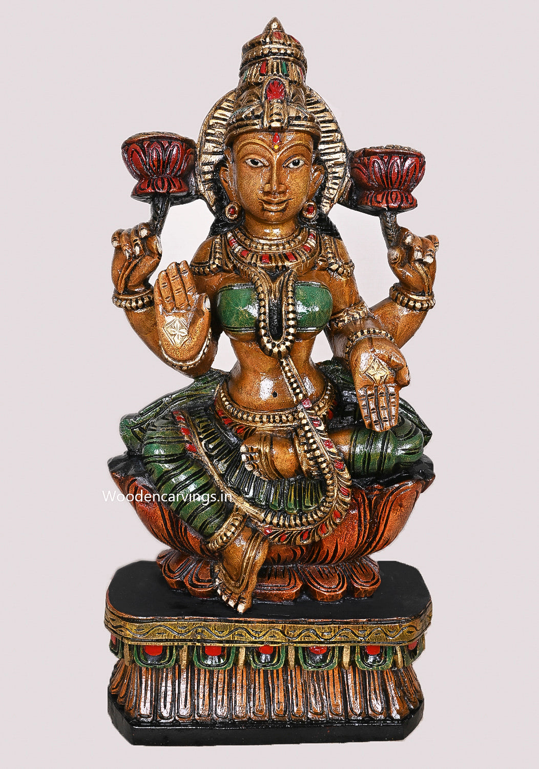 Figurine Of Devi Shri MahaLakshmi Seated on Lotus Home Decor Beautiful Wooden Sculpture 24"